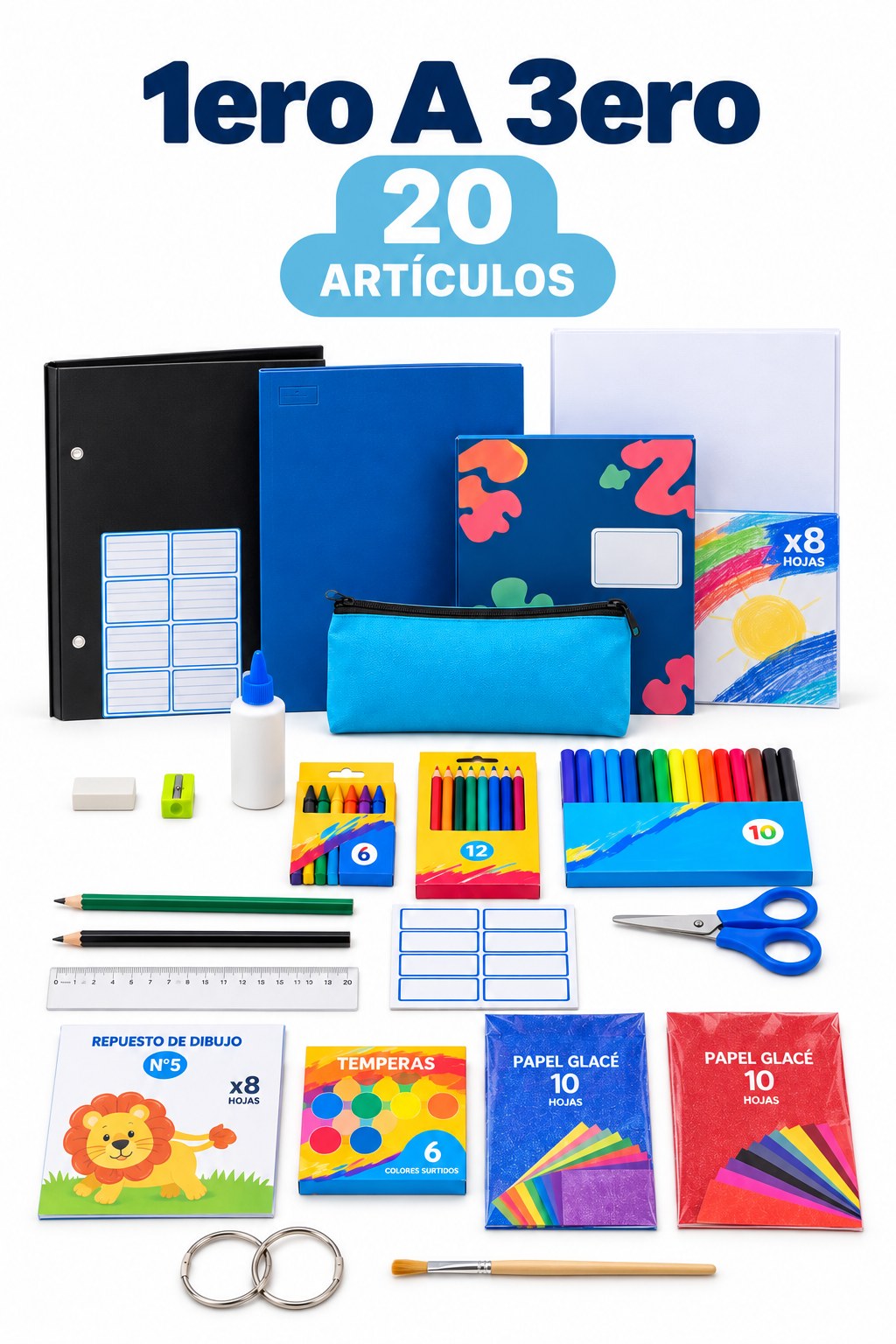 Artículos de librería del kit escolar 1.º a 3.º