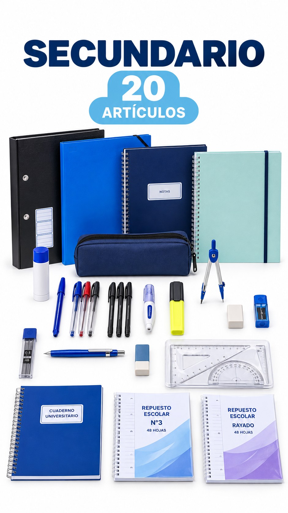 Artículos de librería del kit escolar Secundario
