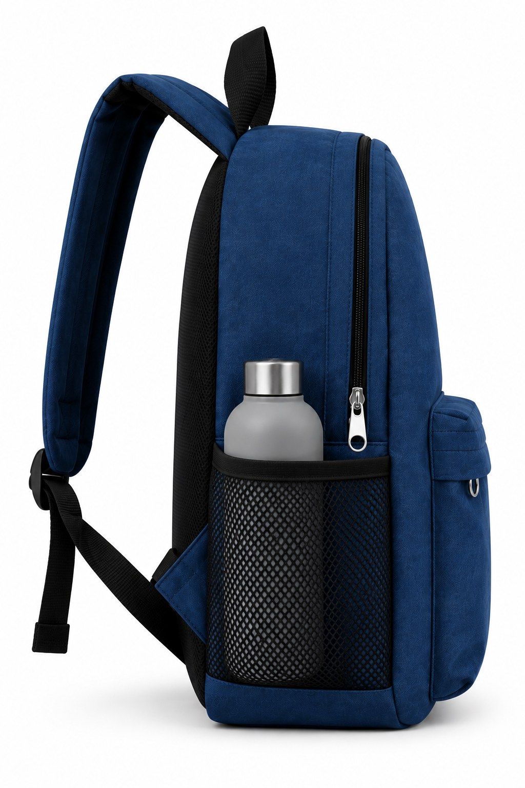 Mochila JFJ azul, lateral con botella