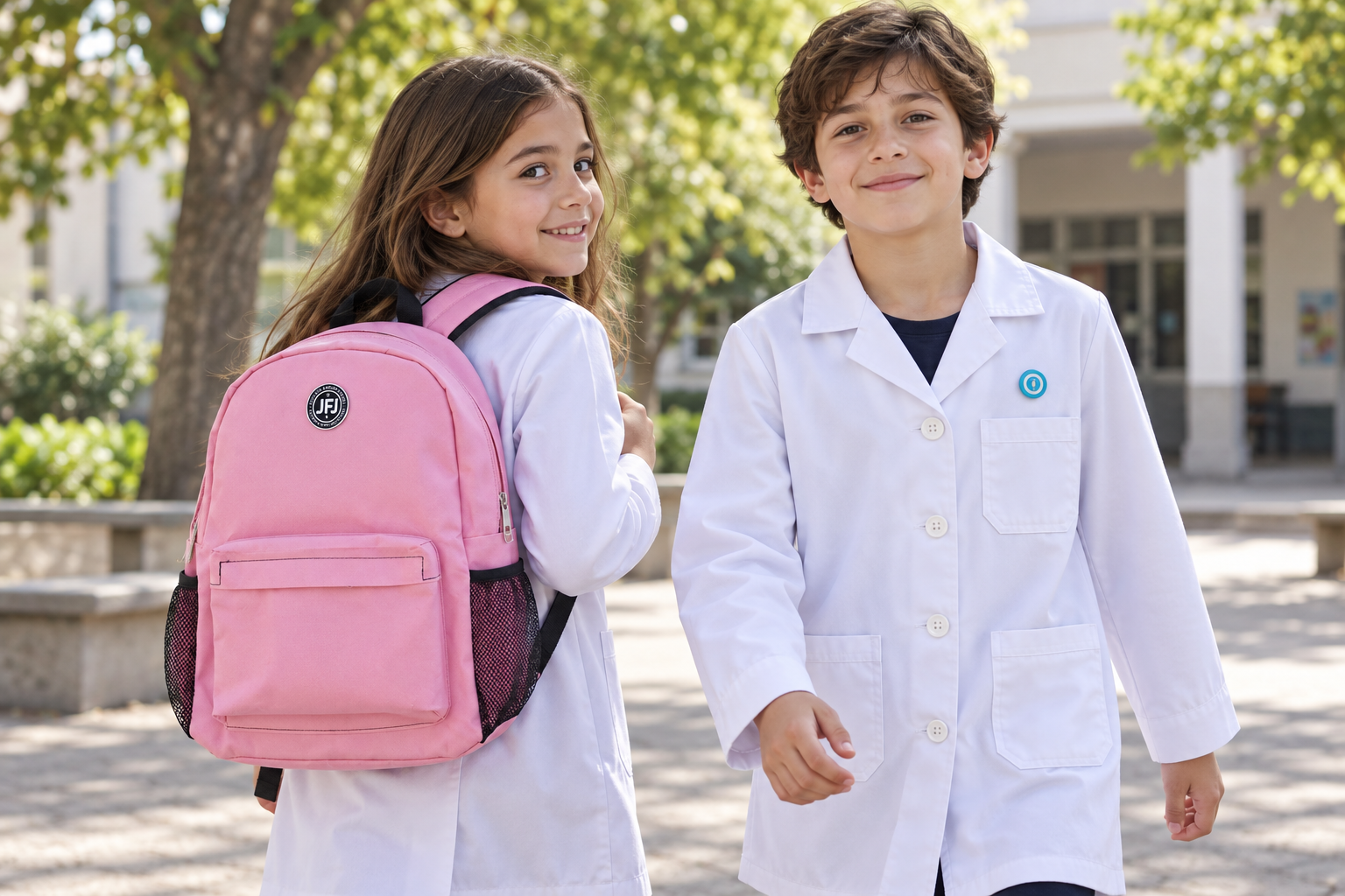 Chicos de primaria usando guardapolvo y mochila JFJ en la escuela